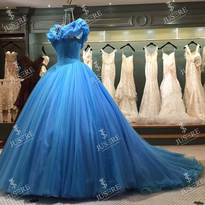 Jusere Custom Real Picture Cinderella Blue Ball Gown Dresses Embroidery Puffy Floor length Gown Princess Evening Dresses Evening Dresses