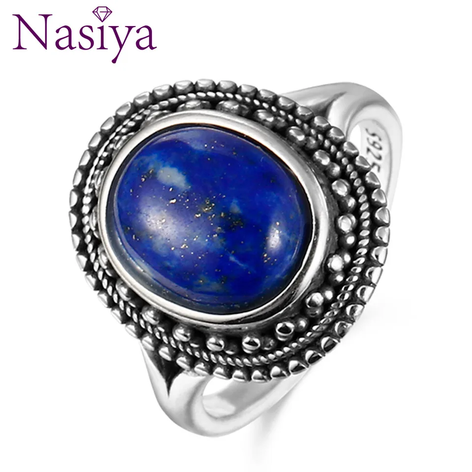 Lapis Новое винтажное овальное кольцо Nasiya с синим лазуритом для женщин, античное 925 пробы Серебряное ювелирное изделие, подарок на помолвку, годовщину свадьбы - Цвет камня: Lapis