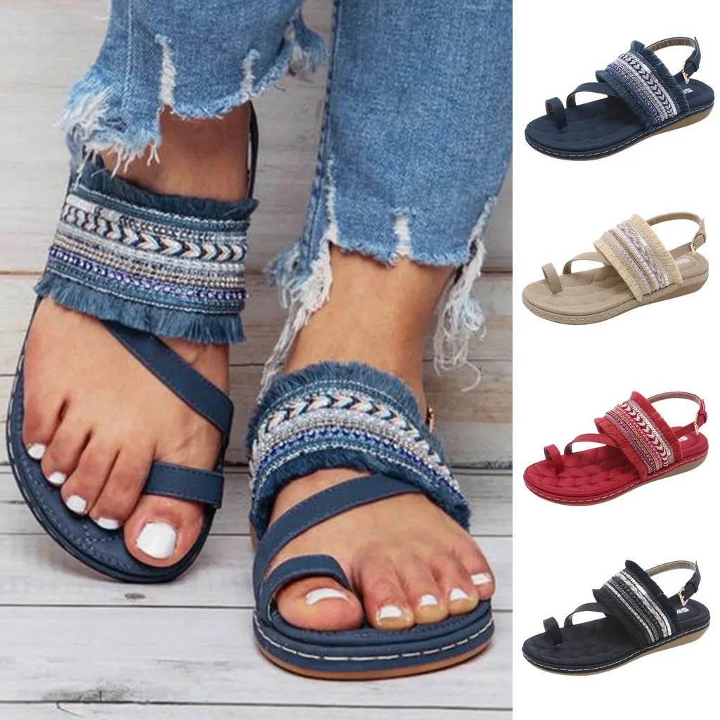 

ONTO-MATO Women National style Buckle Strap Flat Open Toe Breathable Sandals Bohemia Shoes Fashion Gladiator Buckle Cork Sandals
