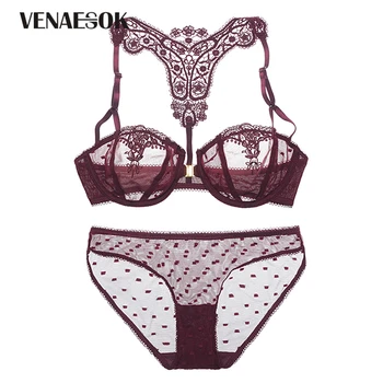 

Front Closure Bra Women Lingerie Set Embroidery Lace Brassiere Transparent Underwear Set Black Ultrathin Sexy Bra Panties Sets