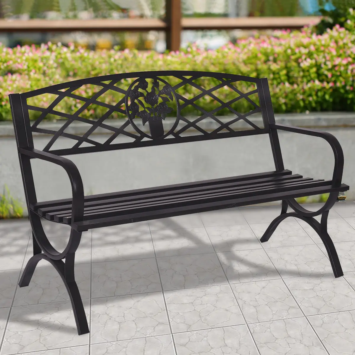 Giantex 50 "патио садовая скамейка металлический черный Парк двор уличная мебель прочная стальная рама стул для веранды сиденье OP3139
