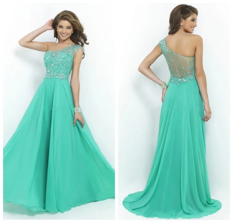 

Yellow Hunter Green Long Chiffon Beaded Prom Dresses One Shoulder 2019 new Sexy Sheer Back custom Evening Gowns free shipping