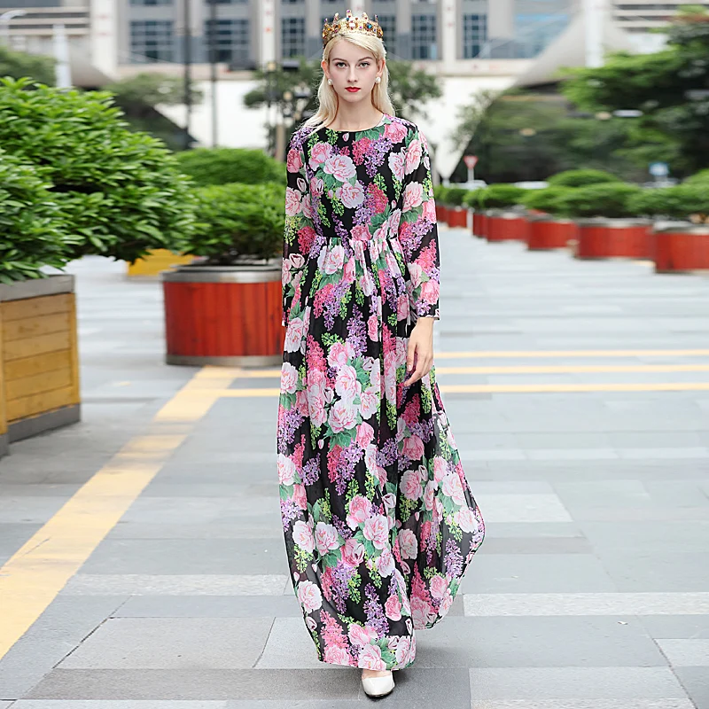 

Long Dress High Quality Autumn New Women'S Fashion Party Boho Beach Maxi Vintage Elegant Chic Print Long Sleeve Chiffon Dresses