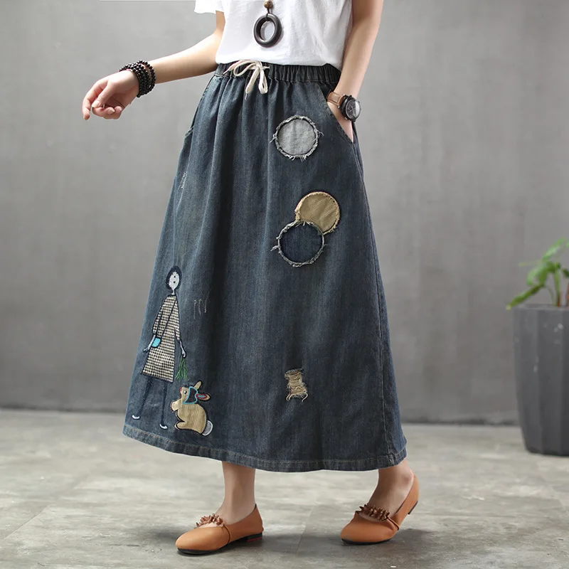 Джинсовая юбка в национальном ретро стиле с принтом кролика для маленьких девочек; женская винтажная эластичная юбка с высокой талией; Свободные повседневные джинсы; юбка большого размера