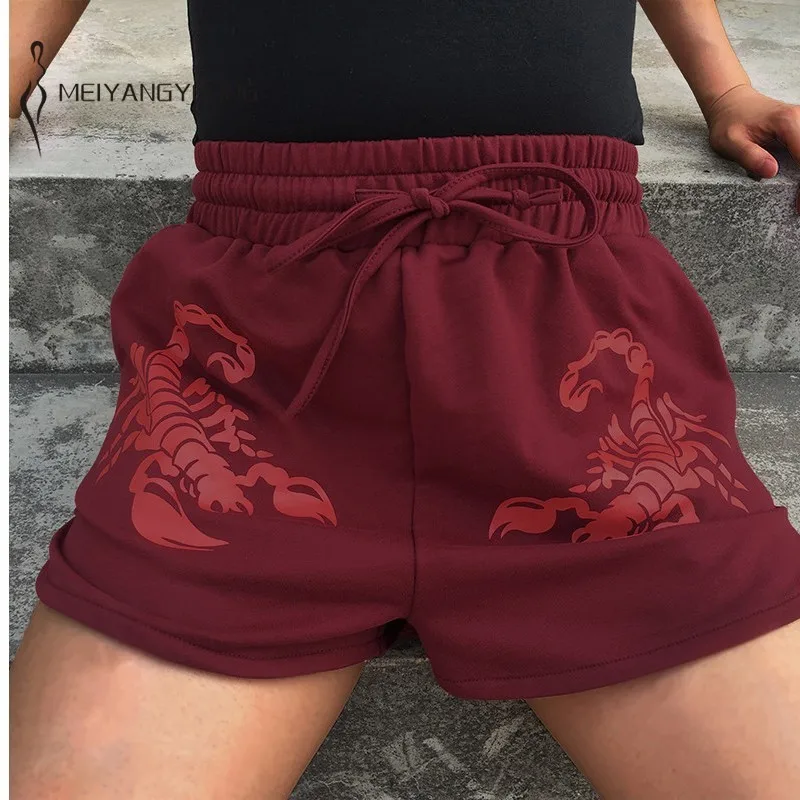 Animal print Elastic Waist Maroon Shorts Women Sexy Drawstring Beach
