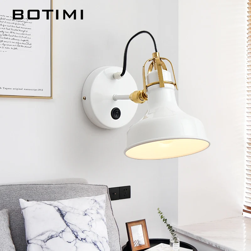 

BOTIMI Antique Style Adjustble LED Metal Wall Lamp With Button Switch For Bedroom Modern White Reading Wall Lights
