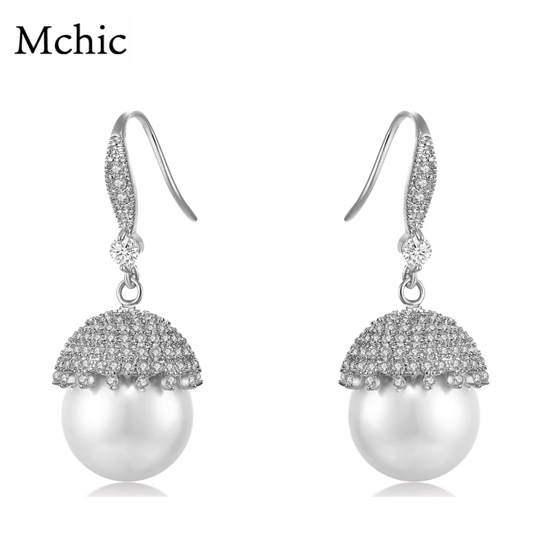 

Mchic New Fashion Women Ball Shape Pave Cubic Zirconia Luxury Jewelry Drop Earrings Crystal Big Pearl Charm Bijoux Earring