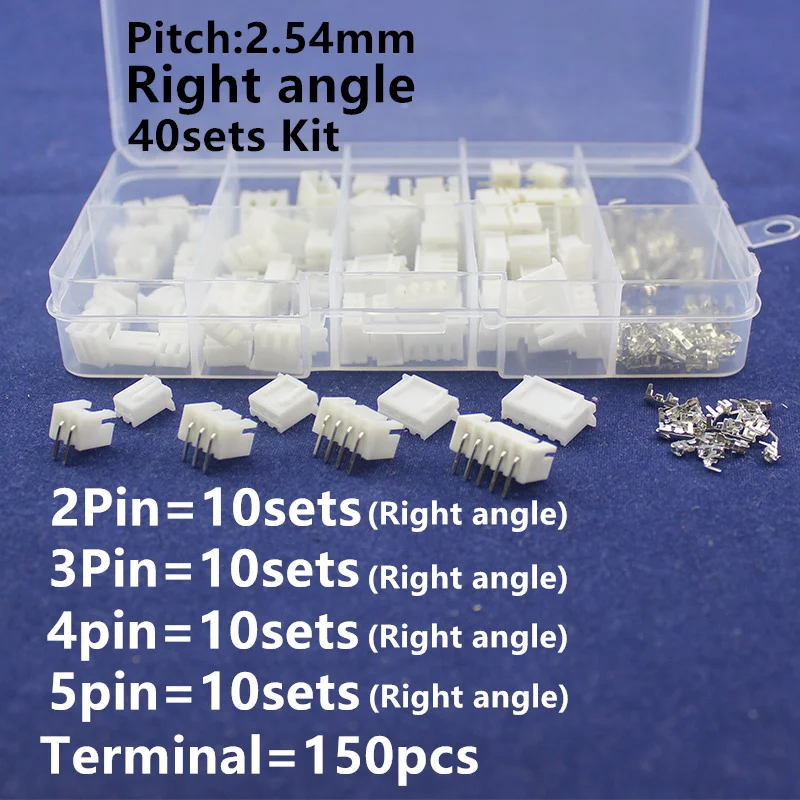 

40 sets Kit in box 2p 3p 4p 5pin Right angle 2.54mm Pitch Terminal / Housing / Pin Header Connector Adaptor XH Kits