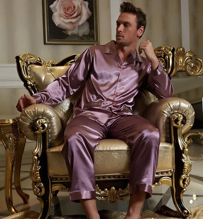 Spring autumn men's high-end silk pajamas leisure and enlarged version of simulated silk long sleeved home clothes suit