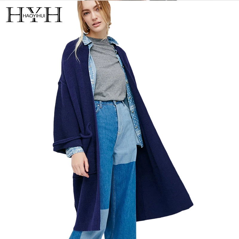 

HYH HAOYIHUI Women Long Cardigans Solid Batwing Sleeve Two Pockets Coats Brief Loose Preppy Style Casual Autumn Outwear
