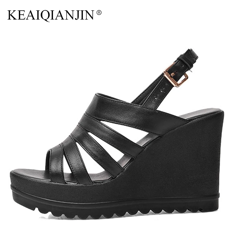

KEAIQIANJIN Woman Summer Gladiator Wedges Sandal Fashion Black High Heels Shoes Sexy Genuine Leather Party Platform Sandals 2018