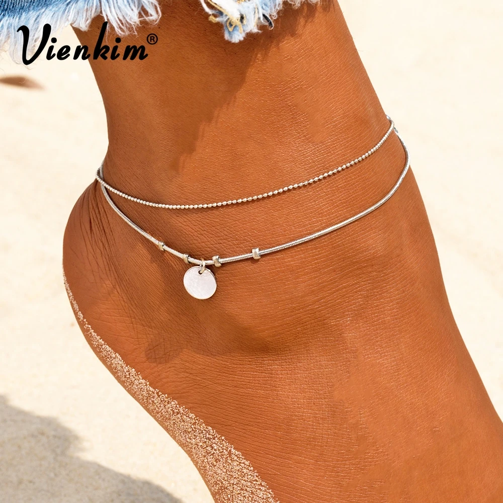

Vienkim Bohemian Retro Beaded Chain Round Pendant Gold Silver Double Anklet Fashion Jewelry Beach Accessories for Women