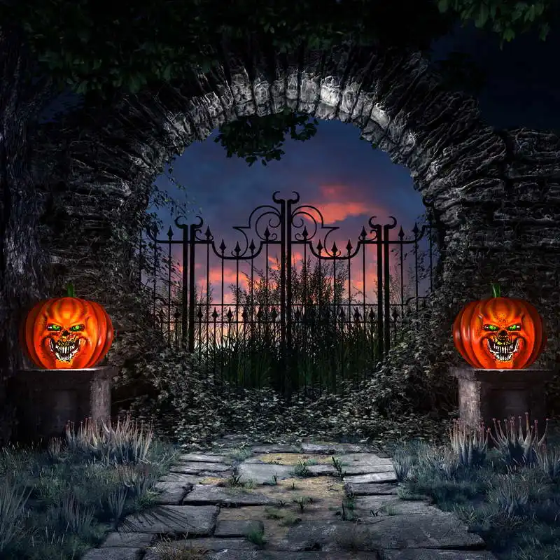 10x10FT Round Stone Door Iron Gate Garden Halloween Pumpkins Lantern Custom Photo Backdrop Studio Background Vinyl 300cm x | Электроника