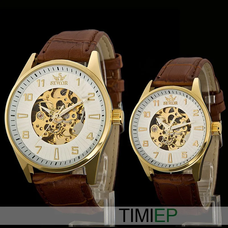 SEWOR золотые мужские повседневные аналоговые пары часы модные коричневые кожаные скелеты механические для любителей наручных часов(мужские часы+ женские часы