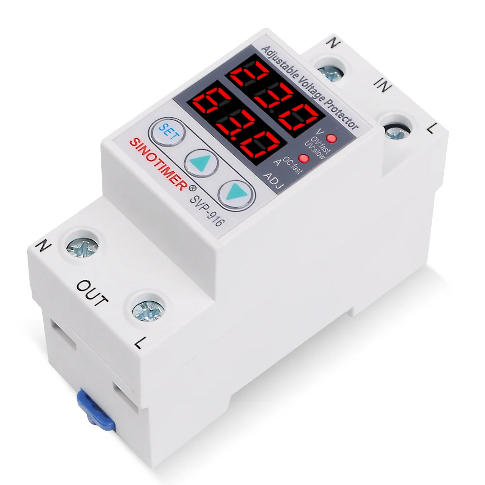 SVP-916 Over Under Voltage Relay 63A Adjustable Voltage Protector with Over Current Protection House Surge Protector Protective