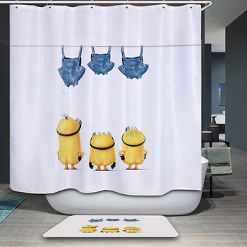 

New 3D Shower Curtains Cartoon small yellow people Printing Waterproof Washable Thickened Bathroom Curtains +12 C Type Hooks