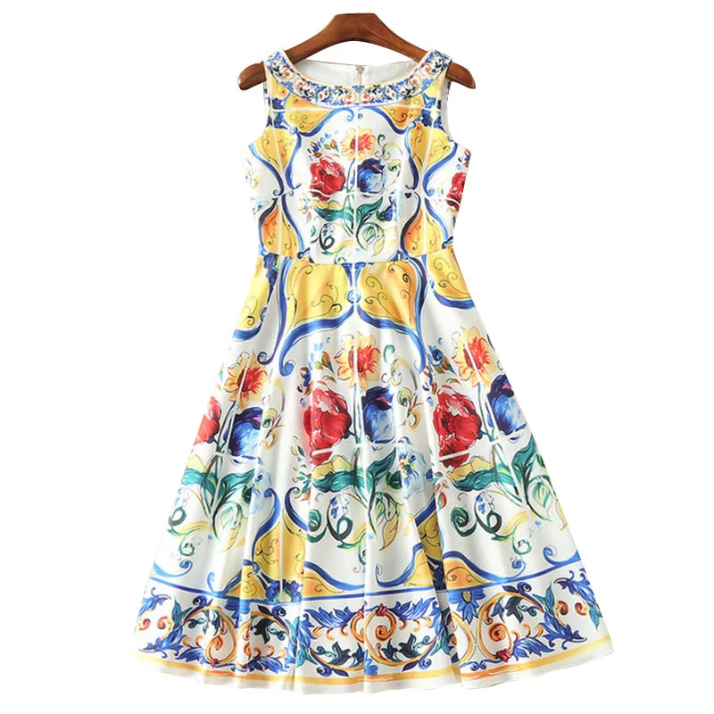

Designer Runway Dress High Quality 2018Spring Summer Women Sleeveless O-neck Printed Back Zipper Button Mini Dress SAD253N
