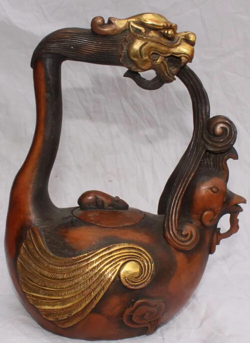 

shitou 003274 11" Marked Chinese Bronze Gilt Dragon Phoenix Mouse Rice Chicken Tea Wine Pot