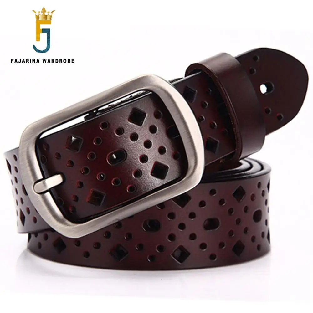 FAJARINA Ladies 100% Quality Cowhide Leather Female Models Brown Belt Hollow Retro Clasp Styles Belts for Women N17FJ563 fajarina quality 100% pure solid cow skin leather ladies retro gold pin buckle metal cowhide fashion belts for women n17fj129