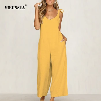 

VIEUNSTA 2019 Women Sexy Backless Off Shoulder Jumpsuit Summer New Sling Lace Up Romper Casual Wide Leg Beach Overalls Pockets