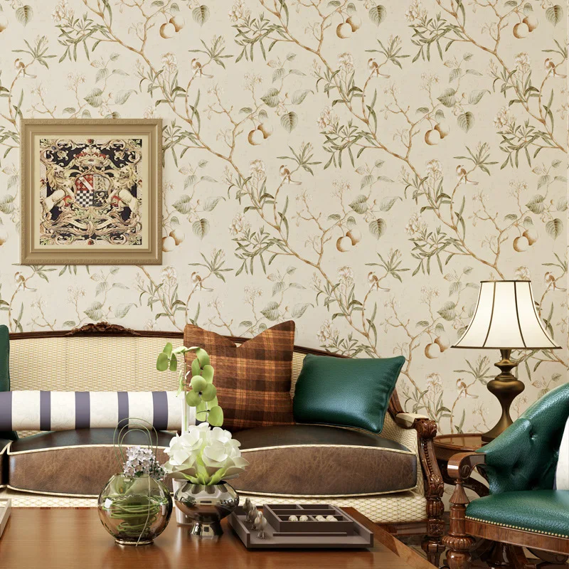 53cmx10m Apple Tree Wallpaper Retro Flower Bird Wallpaper Bedroom Living Room Background Non-woven Pastoral Wallpaper