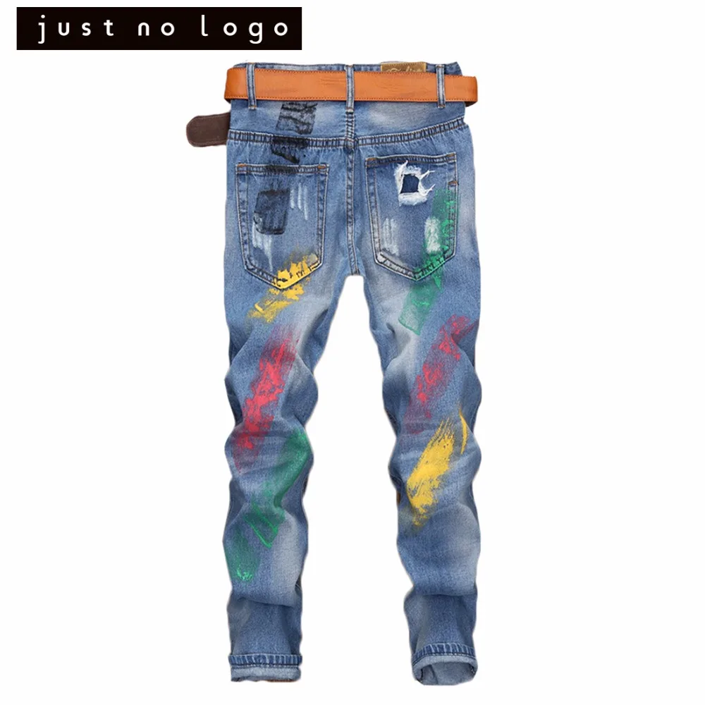 Cheap Mens Ripped Skinny Blue Denim Jeans Special Colorful Painted