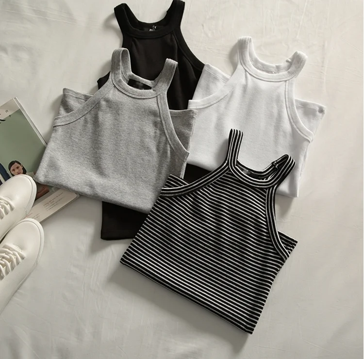 

2018 Spring Summer Women Sleeveless Top Slim Dew Shoulder Neck Hung Solid Female Vest Cutey Students Causal Tops