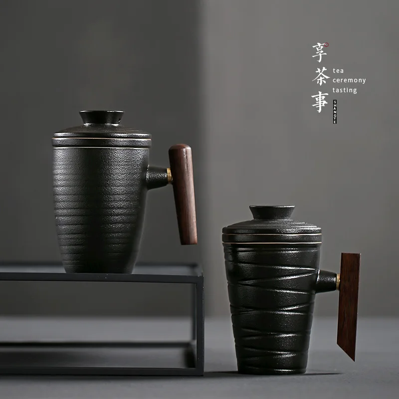 

Black pottery Office Mug with filter and cover household ceramic cups tea cup