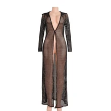 ФОТО new hot sexy black mesh hollow out maxi women coat long sleeve hooded see through ladies plaid trench 2016 wholesale