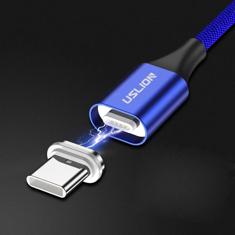 USLION Магнитный USB кабель Micro usb type C кабель для iPhone samsung S10 Plus 3A Быстрая зарядка магнит зарядное устройство кабели для мобильных телефонов - Цвет: Blue