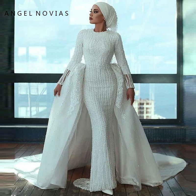Мусульманское белое свадебное платье русалки с длинными рукавами со съемной юбкой на заказ свадебное платье mariage robe de mariee