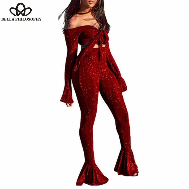 Wonder Sexy Two Piece Matching Set Women V Neck Long Sleeve Bow Bandage Top And Shiny Bodycon Flare Pant Casual 2 Piece Outfit