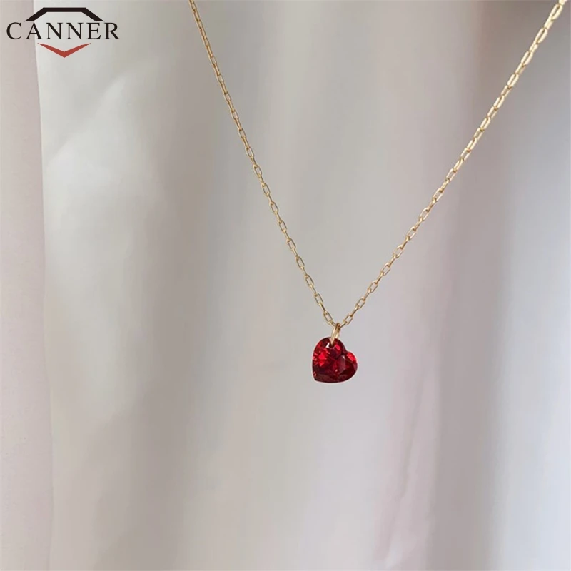 CANNER Simple 925 Sterling Silver Zircon Heart Necklace Statement Pendant Necklace Women Girls Gold Choker Necklace Jewelry FI