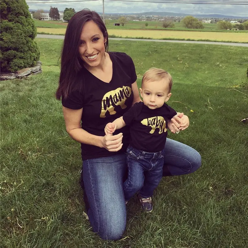 

Mama Baby Bear Family Matching T-shirt Bodysuits Gold Letter Clothes T-Shirts Tops Outfits Sets Clothes
