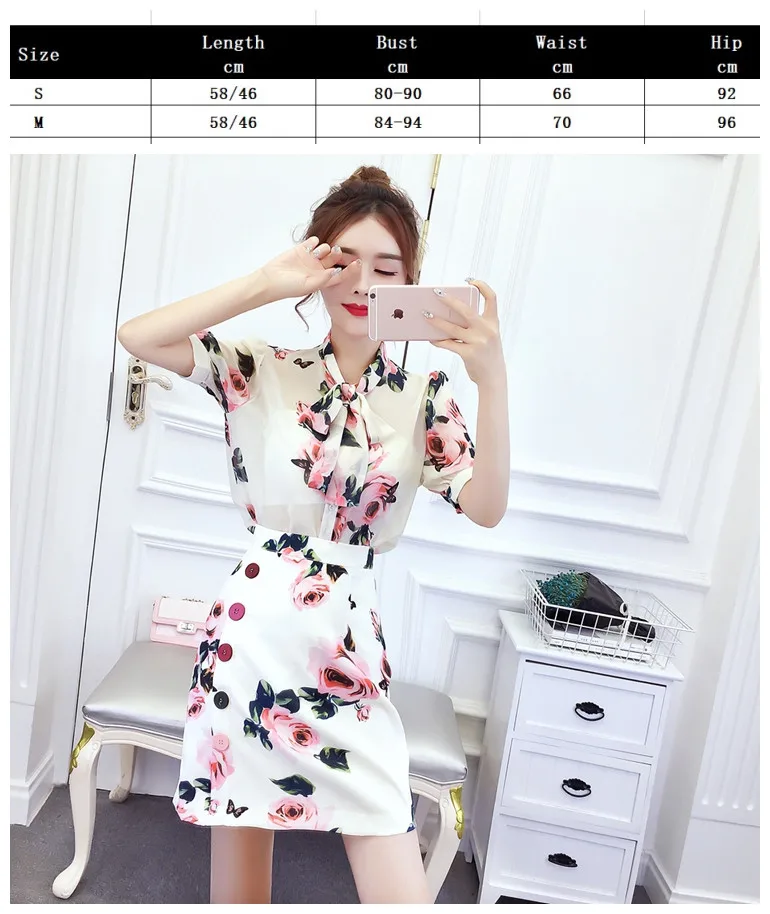 Two piece set floral print Rose Bows Shirts top and skirt set Summer elegant party slim Nice runway midi skirts suits CC209