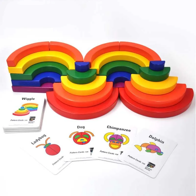 New Arrival Large Circle Set Rainbow Blocks Wooden Toys Child Geometric Assembling Blocks 48Pcs Cards Christmas/Birthday Gift