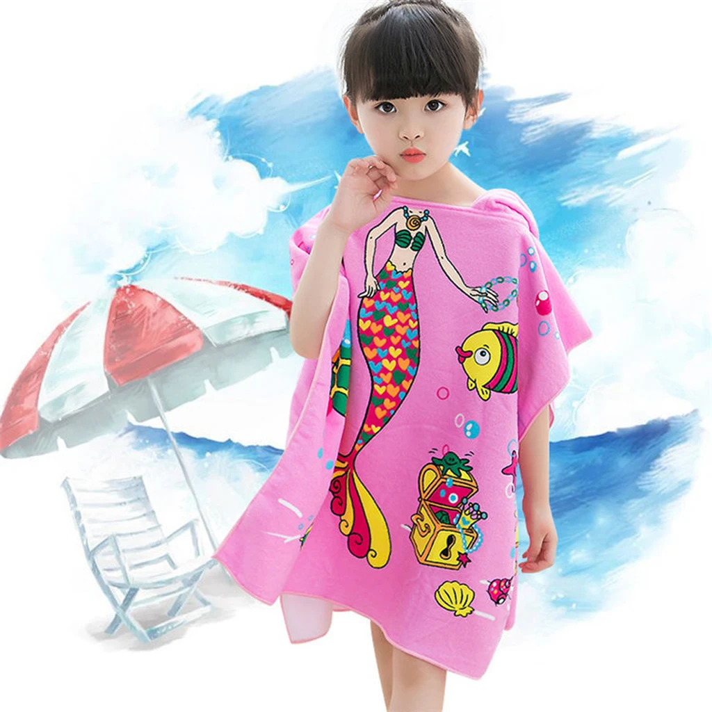 Lightweight Surf Changing Robe Swimming Beach Hooded Poncho Wetsuit Towel with Mermaid Butterfly Shark Image for Boys Girls Kids