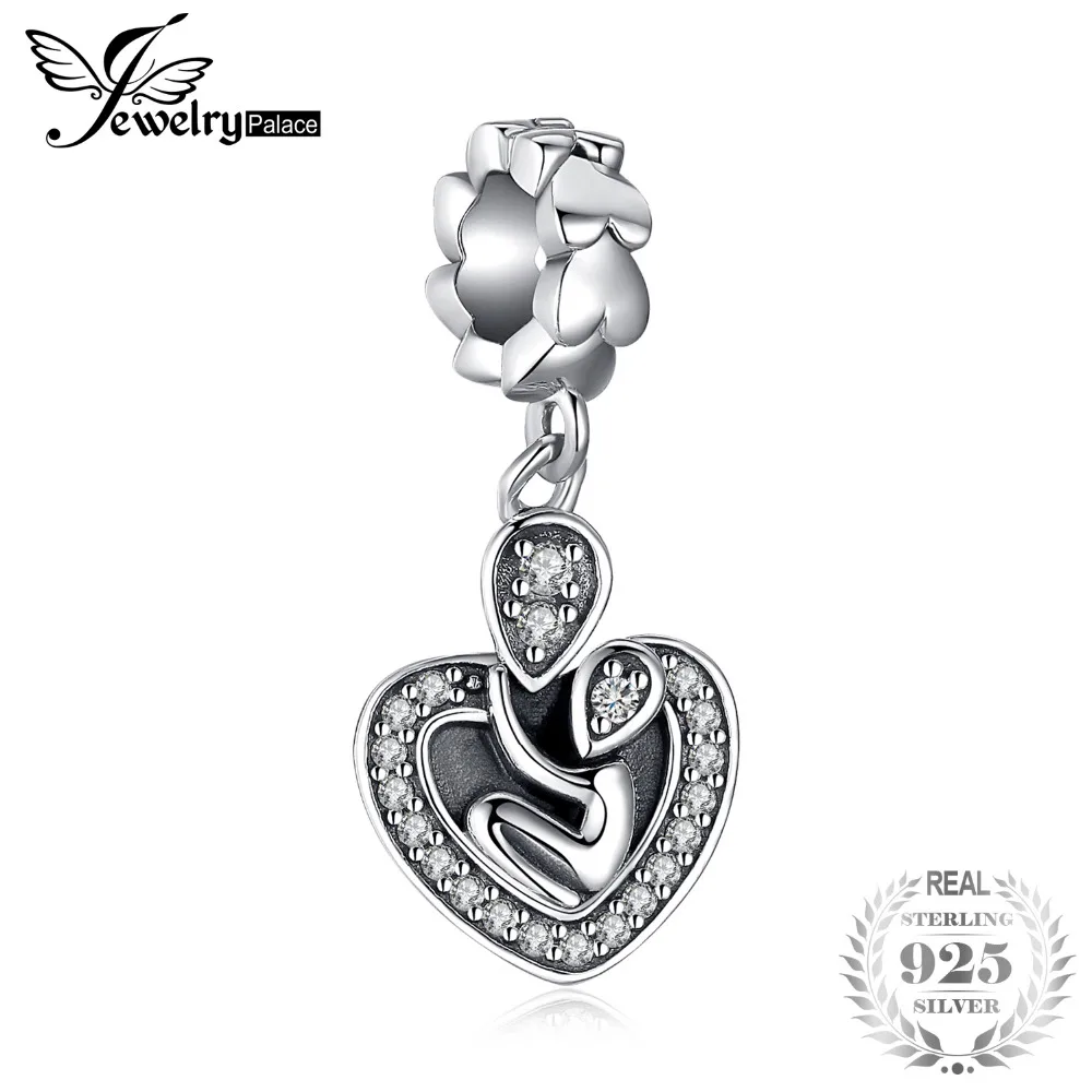 

JewelryPalace 925 Sterling Silver Pave Cubic Zirconia Heart Mom Love For Baby Charm Beads Fit Bracelets Jewelry New Hot Sale