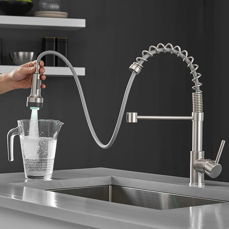 Fapully Kitchen Faucet Spring Single Handle Brass Pull Down LED Kitchen Tap Swivel 360 Degree Water Mixer Tap Mixer Tap 1094