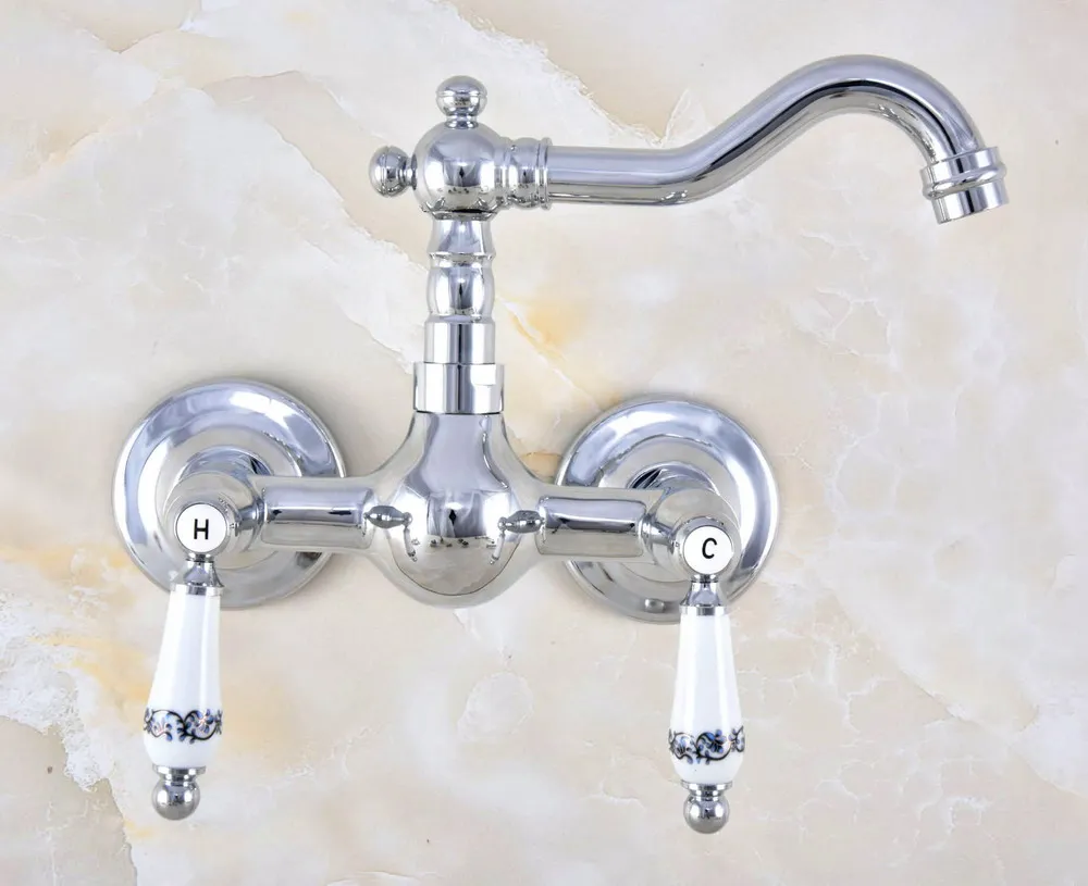 Polished Chrome Brass Wall Mount Kitchen Sink Faucet Swivel Spout Mixer Tap Dual Ceramics Handles Levers anf571