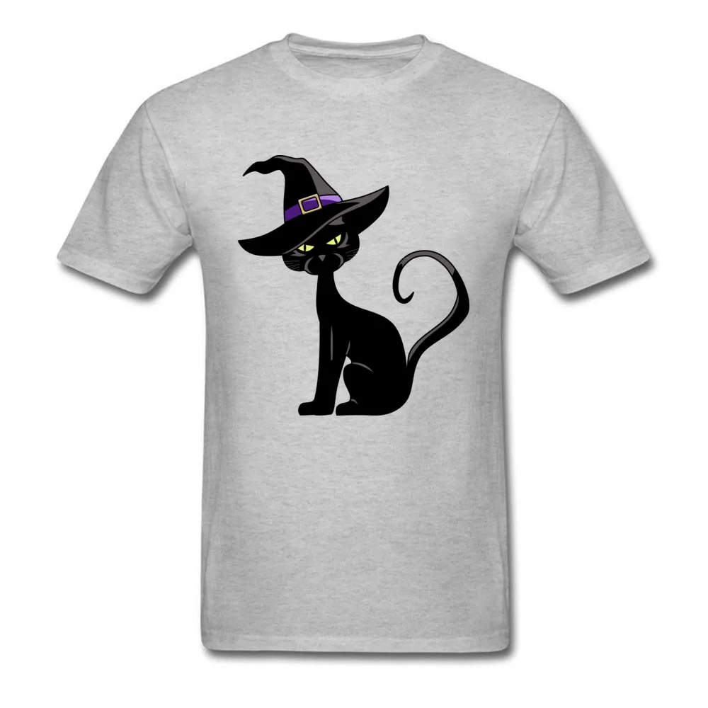 Tops & Tees Cat in Witch Hat Lovers Day Short Sleeve Pure Cotton Round Collar Men Tshirts Simple Style T Shirt New Design Cat in Witch Hat grey