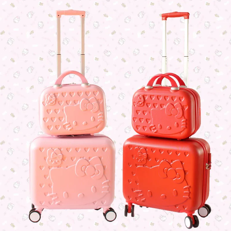 

Women Carry-On KT Luggage Set/Girls Hello Kitty Travel Suitcase+Cosmetic Bag 2Pcs/Set/14'' 17'' ABS Lovely Trolley Boarding Case