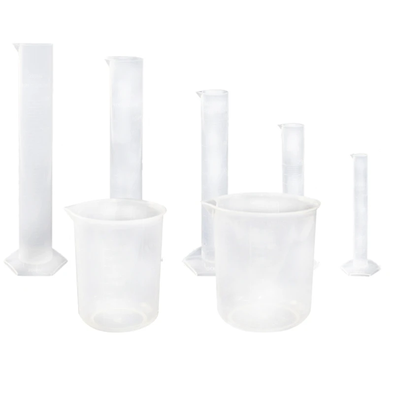 5 Pcs Clear Plastic Graduated Cylinder, 10, 25, 50, 100, 250ml, with 2 Plastic Beakers and 1 Cylinder Brush