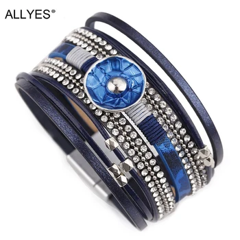 

ALLYES Blue Enamel Metal Charm Leather Bracelets for Women Female Multilayer Wrap Wide Bracelet Femme Jewelry