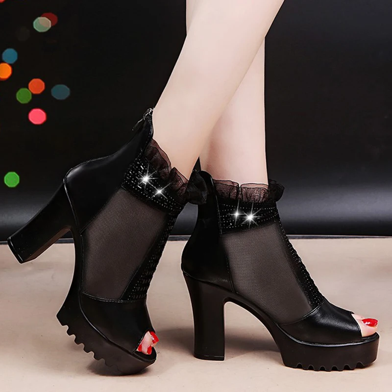

Women Pumps Lace Crystal Platform Zipper Rubber High Chunky Heel Peep Toe Office Lady Sandals Wedding Shoes Zapatos Mujer 636W
