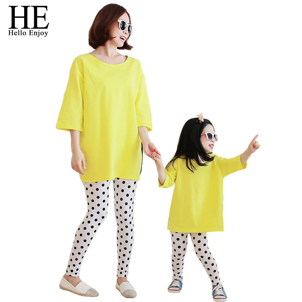 

HE Hello Enjoy Family Matching Outfits Autumn Mother And Daughter Matching Clothes T-shirt+Dot Pant Clothing Sets Kids Girls