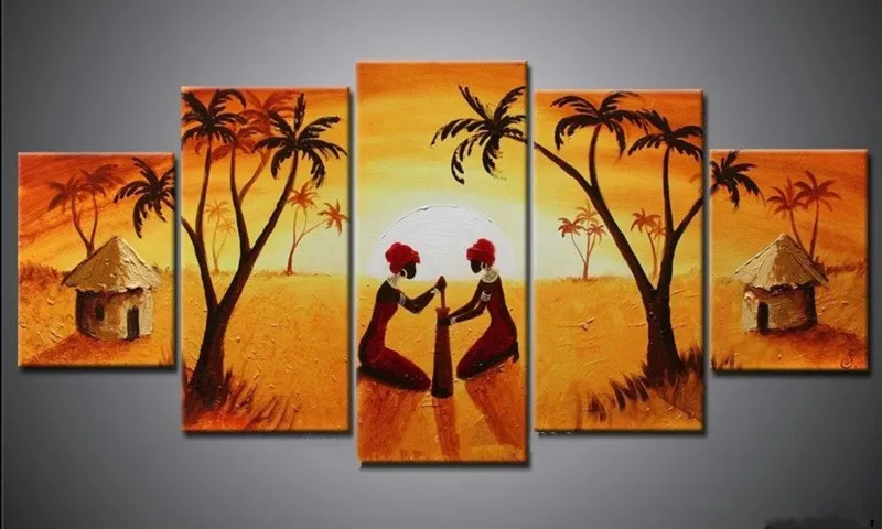 

Large 5 Panel Painting Pictures Handpainted Abstract Africa Landscape Oil Paintings on Canvas Modern Home Decorativos Wall Arts