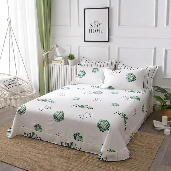 

3 Pcs 100% Cotton Bed Sheet Set King Full Queen Twin Size Bed Sheet + 2 Pillowcase for Kids / Adult Bedroom Printed Flat Sheet