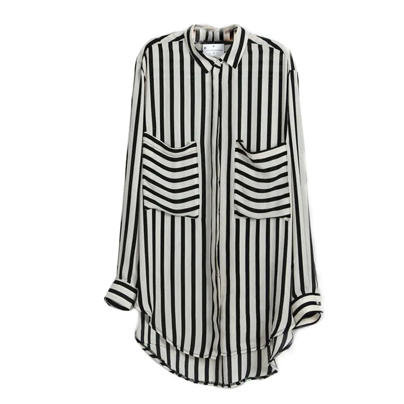 

New Women Blouse Long Sleeve Vertical Striped Chiffon Tops Button Down Shirt