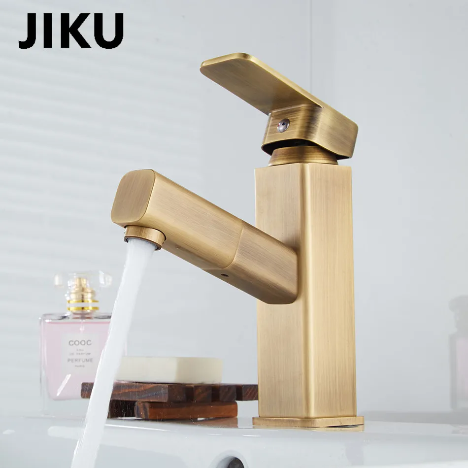 JIKU матовый золотой Латунный бортике смеситель для раковины с одной ручкой смеситель для ванной комнаты кран для горячей и холодной раковины вращающийся носик